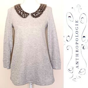 NWT $88 Anthropologie Gray Cotton Tunic Beaded Collar Ribbon Tie Back Sz S